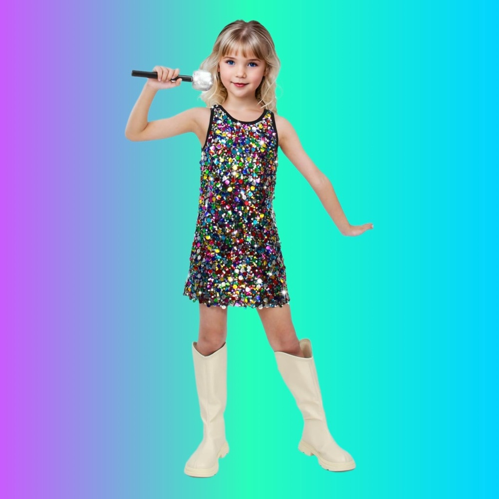NWT Girls Multicolor Sequin Sleeveless Party Dress with Microphone Prop‎ - Small